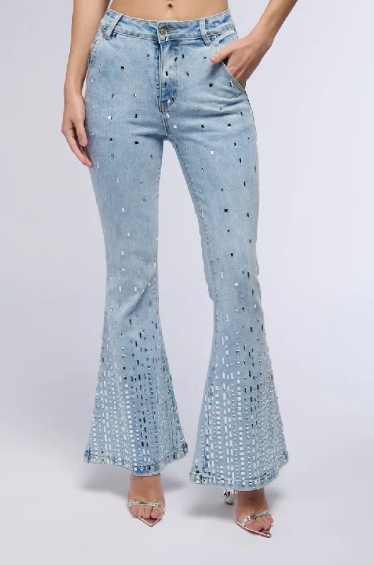 Modern Drop-Crotch Pants for Street Fashion-POPSTAR DENIM RHINESTONE FLARED PANT