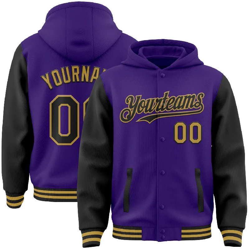 Slim Fit Hoodie for Modern Looks-Custom Purple Black-Old Gold Bomber Full-Snap Varsity Letterman Two Tone Hoodie Jacket