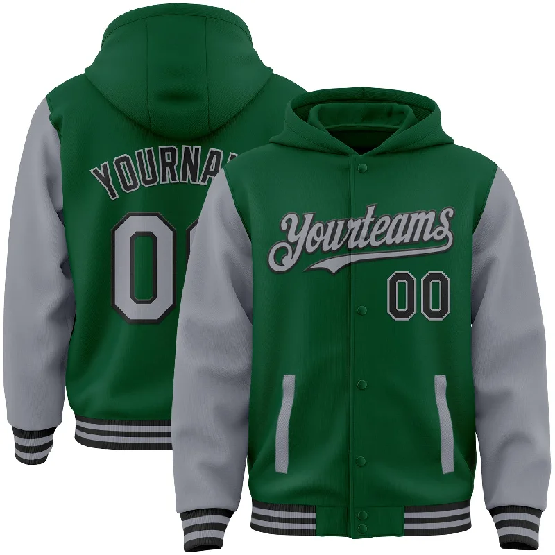 Comfortable Hoodie for Post-Workout Relaxation-Custom Kelly Green Gray-Black Bomber Full-Snap Varsity Letterman Two Tone Hoodie Jacket