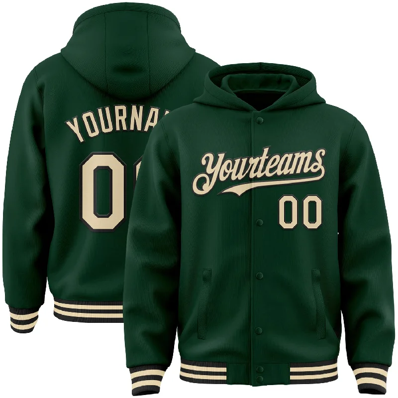 Soft French Terry Hoodie for Gentle Comfort-Custom Green Cream-Black Bomber Full-Snap Varsity Letterman Hoodie Jacket