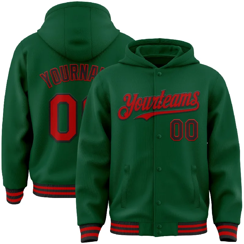 Stylish Cropped Hoodie for Fashion-Forward Looks-Custom Kelly Green Red-Black Bomber Full-Snap Varsity Letterman Hoodie Jacket