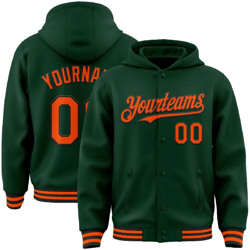 All-Season Hoodie for Year-Round Wear-Custom Green Orange-Black Bomber Full-Snap Varsity Letterman Hoodie Jacket