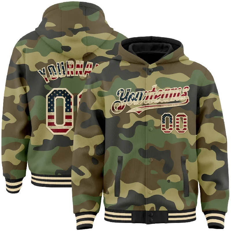 Lightweight Hooded Jacket for Cool Days-Custom Camo Vintage USA Flag Cream-Black 3D Bomber Full-Snap Varsity Letterman Salute To Service Hoodie Jacket