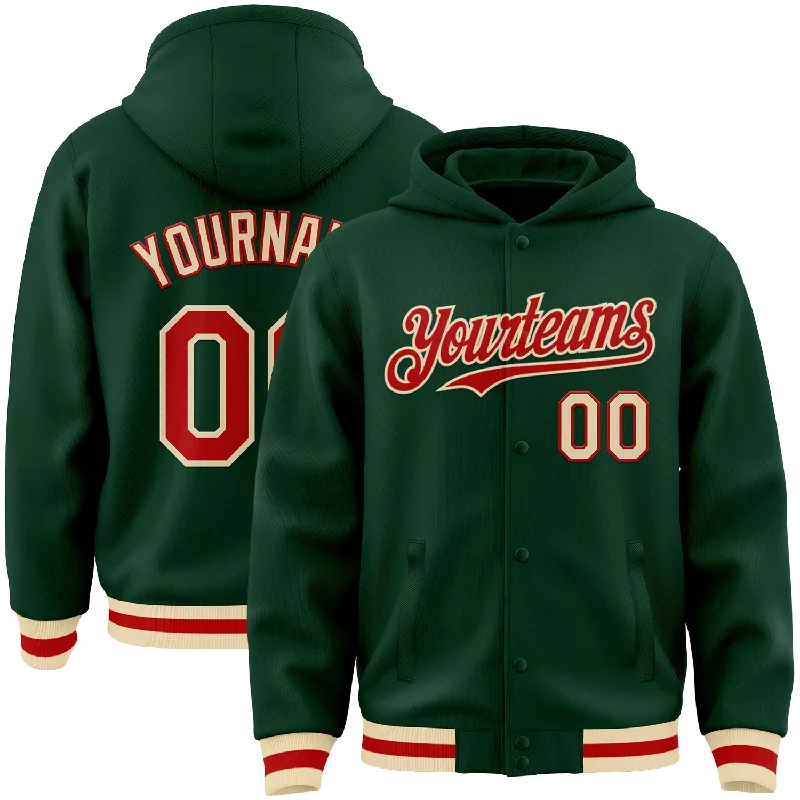 Warm Hoodie for Chilly Mornings and Evenings-Custom Green Red-Cream Bomber Full-Snap Varsity Letterman Hoodie Jacket