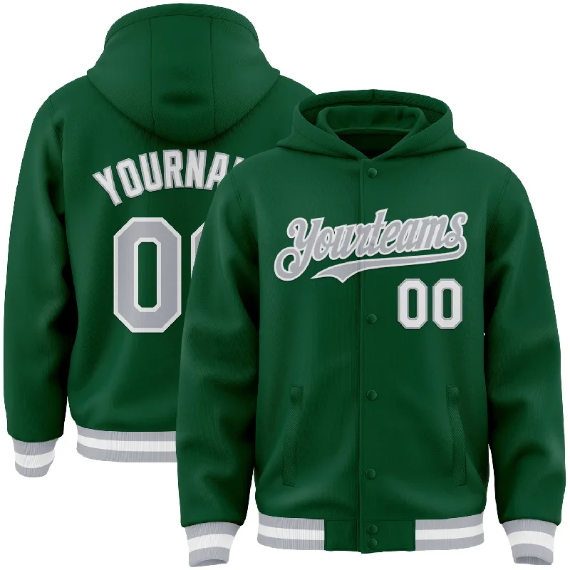 Warm Fleece-Lined Hoodie for Cold Days-Custom Kelly Green Gray-White Bomber Full-Snap Varsity Letterman Hoodie Jacket