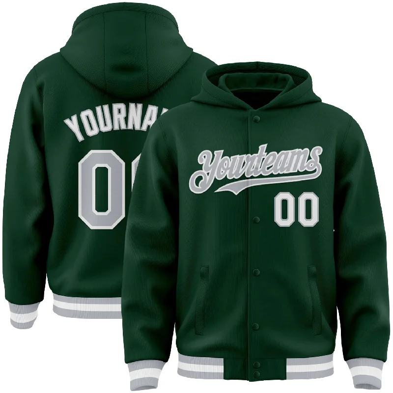 High-Performance Hoodie for Sports and Fitness-Custom Green Gray-White Bomber Full-Snap Varsity Letterman Hoodie Jacket