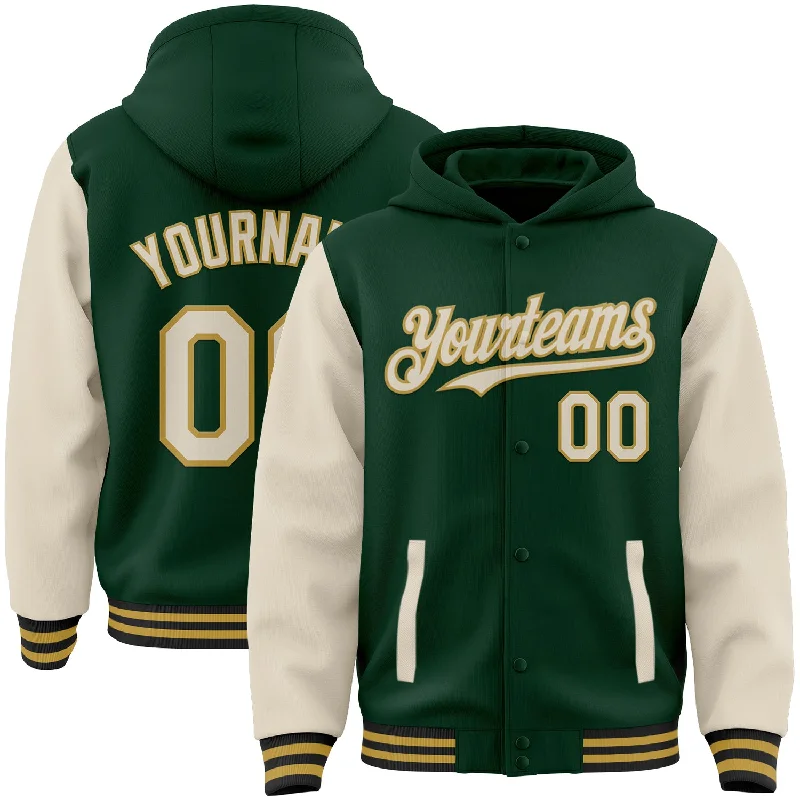 Warm Hoodie for Layering in Fall and Winter-Custom Green Cream Old Gold-Black Bomber Full-Snap Varsity Letterman Two Tone Hoodie Jacket