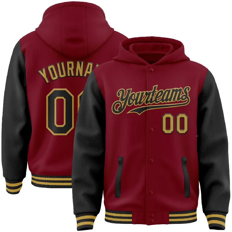 Classic Hoodie for Classic Style-Custom Crimson Black-Old Gold Bomber Full-Snap Varsity Letterman Two Tone Hoodie Jacket