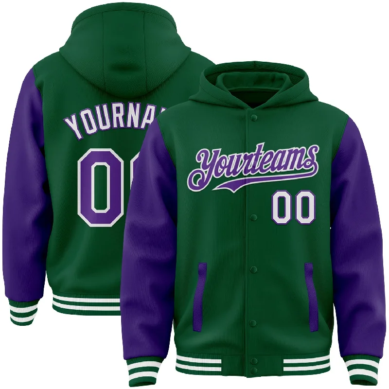 Warm Hoodie for Layering in Fall and Winter-Custom Kelly Green Purple-White Bomber Full-Snap Varsity Letterman Two Tone Hoodie Jacket