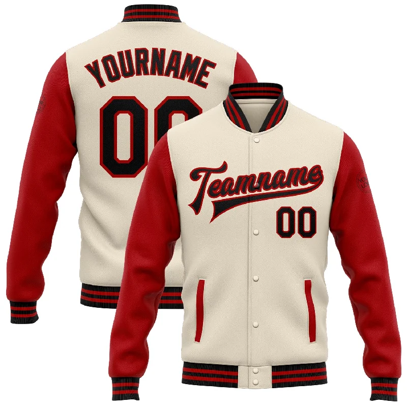 Modern Quilted Jacket for Sleek Fashion-Custom Cream Black-Red Bomber Full-Snap Varsity Letterman Two Tone Jacket