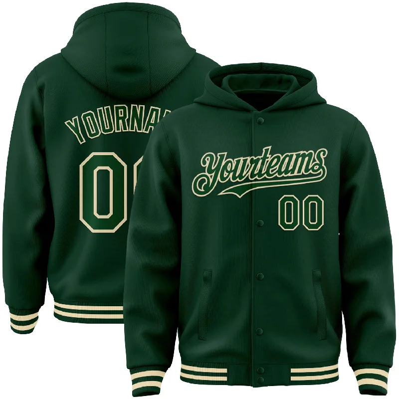 Cozy Hoodie with Kangaroo Pockets for Comfort-Custom Green Cream Bomber Full-Snap Varsity Letterman Hoodie Jacket