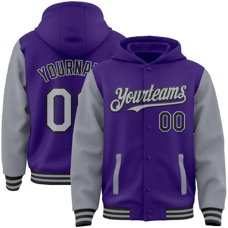 Graphic Hoodie for Bold Statements-Custom Purple Gray-Black Bomber Full-Snap Varsity Letterman Two Tone Hoodie Jacket