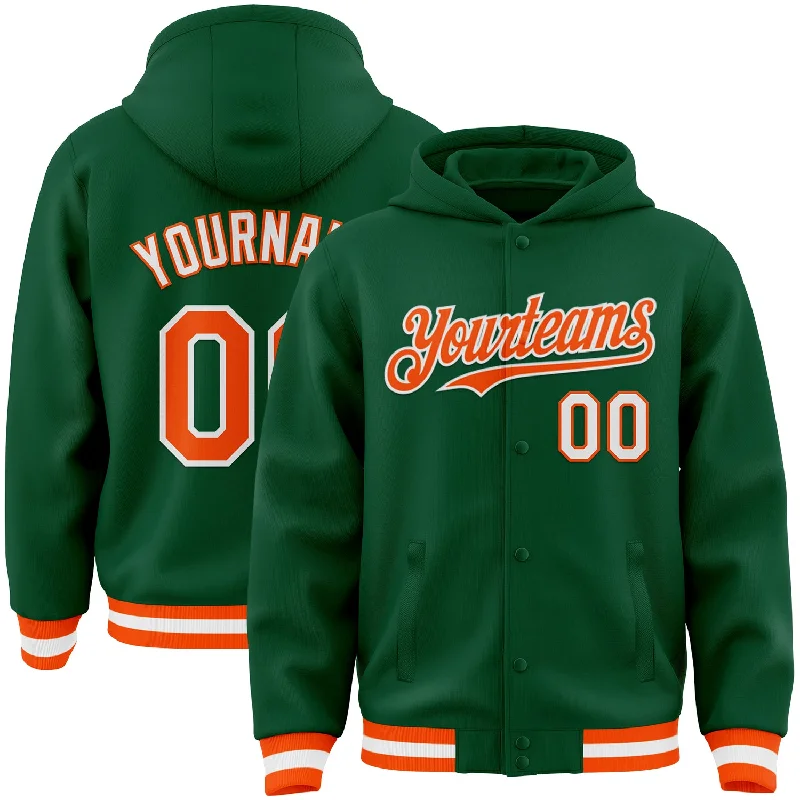 Soft Terry Cloth Hoodie for Soft Comfort-Custom Kelly Green Orange-White Bomber Full-Snap Varsity Letterman Hoodie Jacket