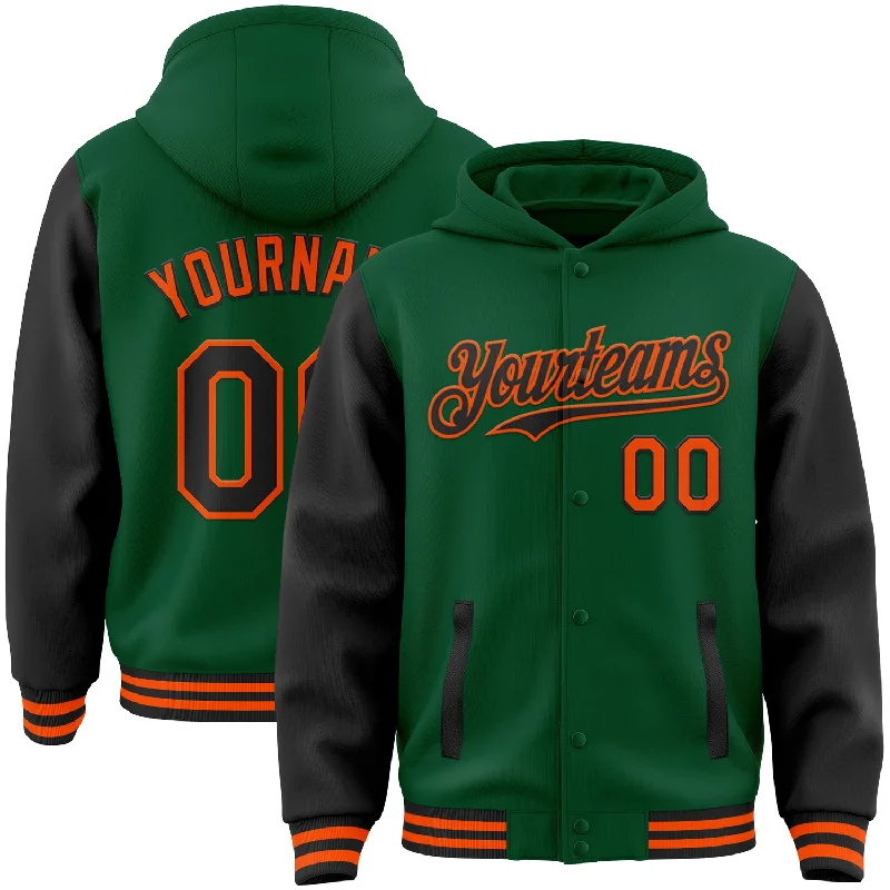 Stylish Hoodie with Pockets for Everyday Wear-Custom Kelly Green Black-Orange Bomber Full-Snap Varsity Letterman Two Tone Hoodie Jacket