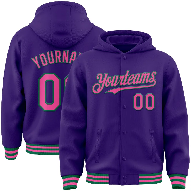 Soft Cotton Hoodie for All-Day Comfort-Custom Purple Pink-Kelly Green Bomber Full-Snap Varsity Letterman Hoodie Jacket