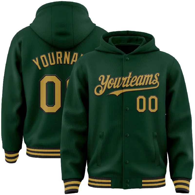 Lightweight Sport Hoodie for Active Wear-Custom Green Old Gold-Black Bomber Full-Snap Varsity Letterman Hoodie Jacket