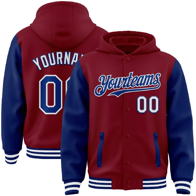 Lightweight Hoodie for Spring and Fall-Custom Crimson Royal-White Bomber Full-Snap Varsity Letterman Two Tone Hoodie Jacket