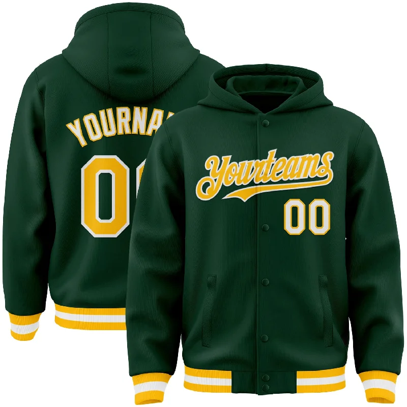 Breathable Hoodie for Gym Workouts-Custom Green Gold-White Bomber Full-Snap Varsity Letterman Hoodie Jacket