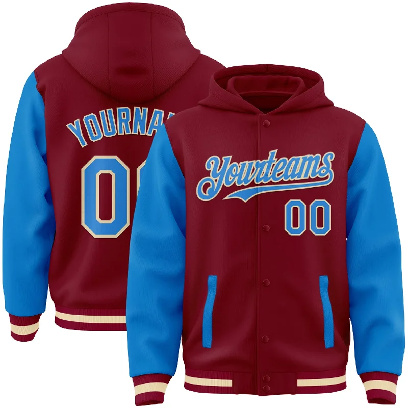 Soft Sherpa Hoodie for Extra Warmth-Custom Crimson Powder Blue Cream-Maroon Bomber Full-Snap Varsity Letterman Two Tone Hoodie Jacket