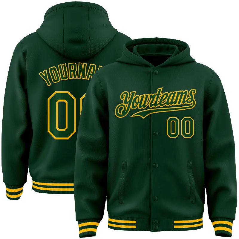 Stylish Hoodie with Drawstrings for Casual Looks-Custom Green Gold Bomber Full-Snap Varsity Letterman Hoodie Jacket