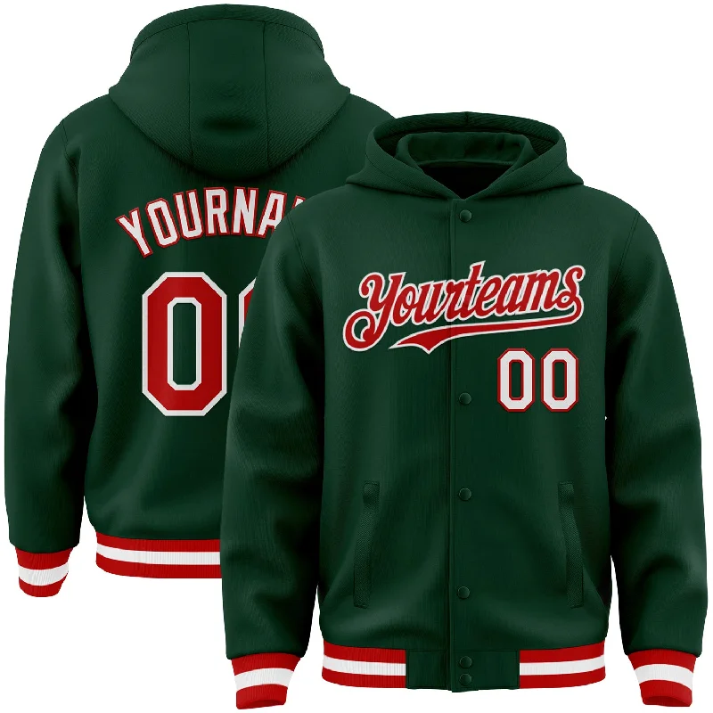 Full-Zip Hoodie for Easy On-and-Off Wear-Custom Green Red-White Bomber Full-Snap Varsity Letterman Hoodie Jacket