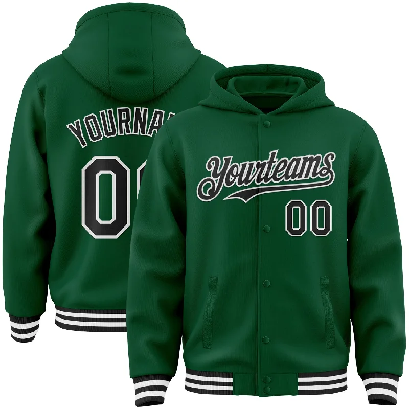 Heavy Duty Hoodie for Outdoor Use-Custom Kelly Green Black-White Bomber Full-Snap Varsity Letterman Hoodie Jacket