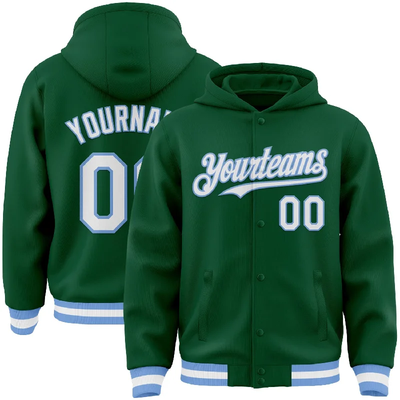 Trendy Zip Hoodie for Effortless Fashion-Custom Kelly Green White-Light Blue Bomber Full-Snap Varsity Letterman Hoodie Jacket