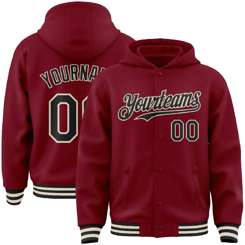 Eco-Conscious Hoodie for Sustainable Fashion-Custom Crimson Black-Cream Bomber Full-Snap Varsity Letterman Hoodie Jacket