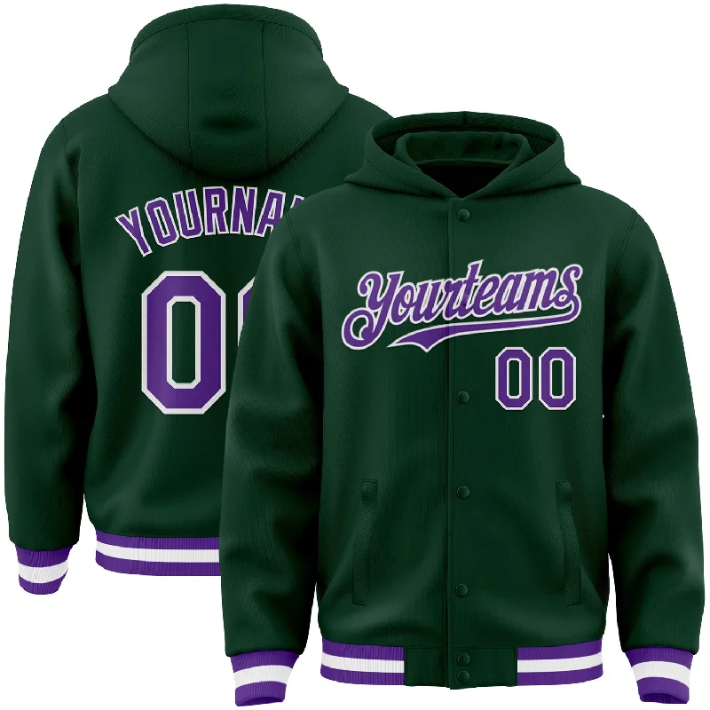 Fleece Hoodie for Extra Cozy Days-Custom Green Purple-White Bomber Full-Snap Varsity Letterman Hoodie Jacket