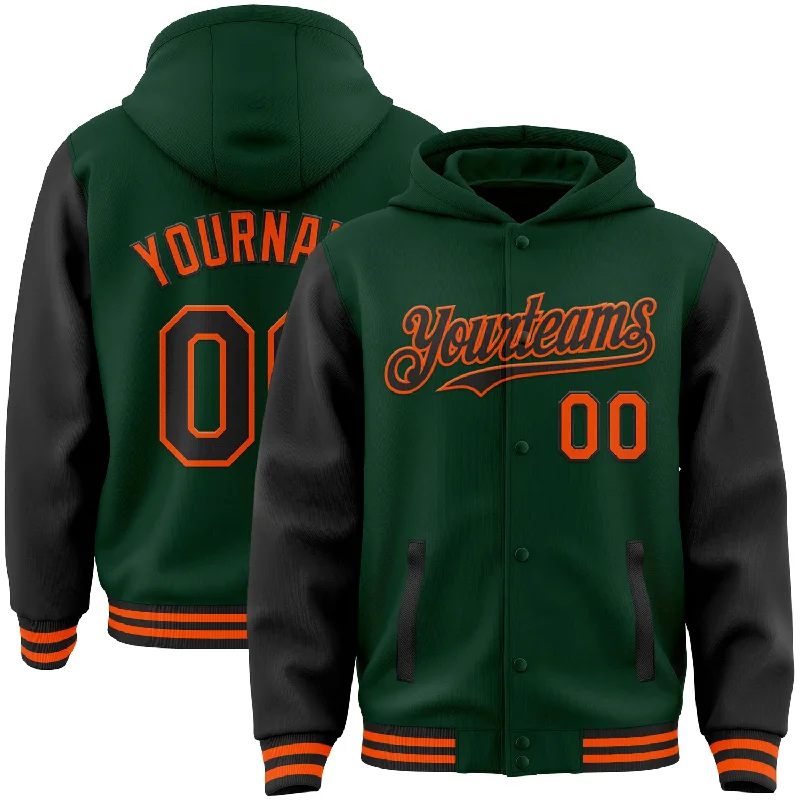 Comfortable Hoodie with Ribbed Cuffs for a Perfect Fit-Custom Green Black-Orange Bomber Full-Snap Varsity Letterman Two Tone Hoodie Jacket