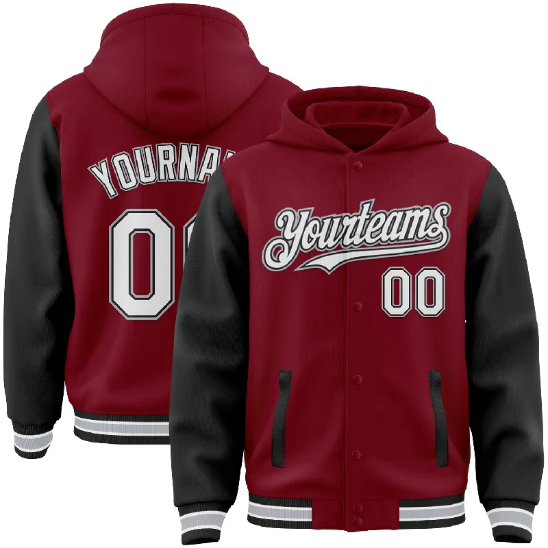 Stylish Colorblock Hoodie for Bold Looks-Custom Crimson Black-Gray Bomber Full-Snap Varsity Letterman Two Tone Hoodie Jacket