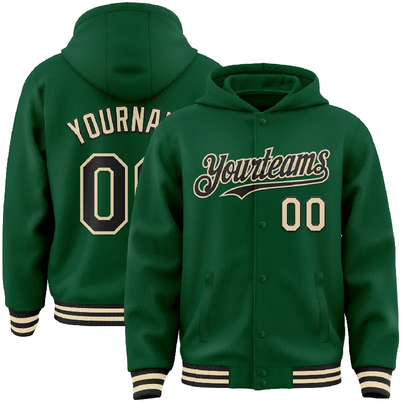 Trendy Striped Hoodie for a Unique Look-Custom Kelly Green Black-Cream Bomber Full-Snap Varsity Letterman Hoodie Jacket