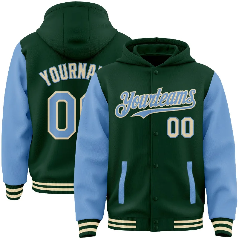 Relaxed Hoodie for Lounging at Home-Custom Green Light Blue-Cream Bomber Full-Snap Varsity Letterman Two Tone Hoodie Jacket