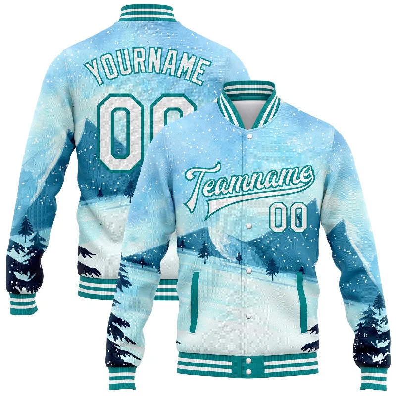 Soft Knit Jacket for Relaxed Comfort-Custom Light Blue White-Teal Watercolor Winter Landscape With Snowy Trees 3D Pattern Design Bomber Full-Snap Varsity Letterman Jacket