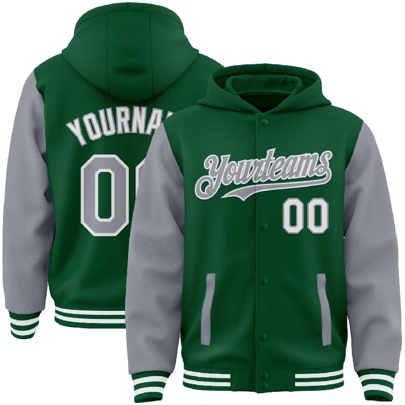 Premium Cotton Hoodie for Soft Comfort-Custom Kelly Green Gray-White Bomber Full-Snap Varsity Letterman Two Tone Hoodie Jacket