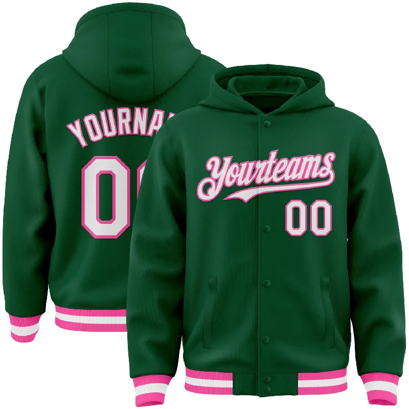 Sporty Hoodie for Running and Training-Custom Kelly Green White-Pink Bomber Full-Snap Varsity Letterman Hoodie Jacket