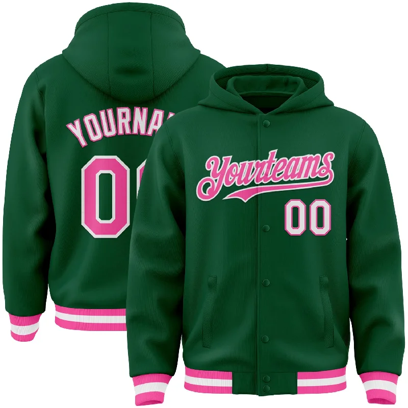 Performance Hoodie for Active Lifestyles-Custom Kelly Green Pink-White Bomber Full-Snap Varsity Letterman Hoodie Jacket