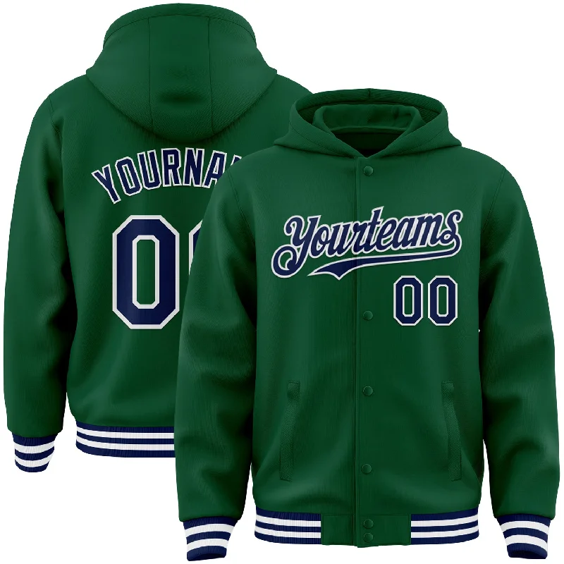 Soft Touch Hoodie for Ultra Comfort-Custom Kelly Green Navy-White Bomber Full-Snap Varsity Letterman Hoodie Jacket