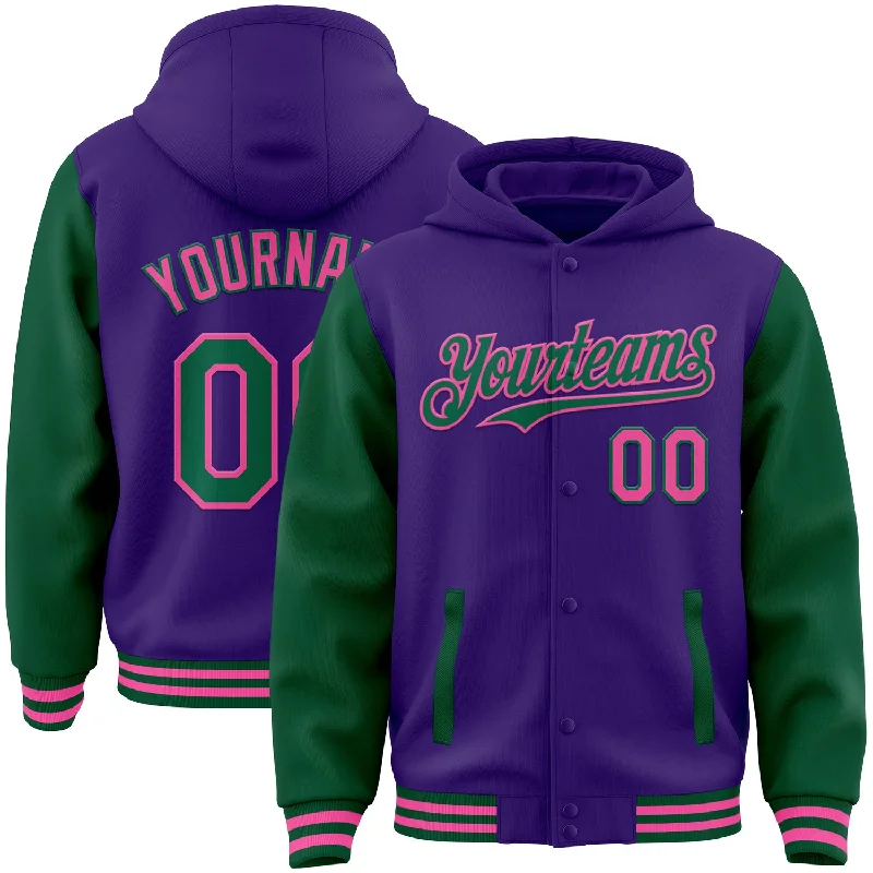 Soft Hooded Sweatshirt for Cozy Comfort-Custom Purple Kelly Green-Pink Bomber Full-Snap Varsity Letterman Two Tone Hoodie Jacket