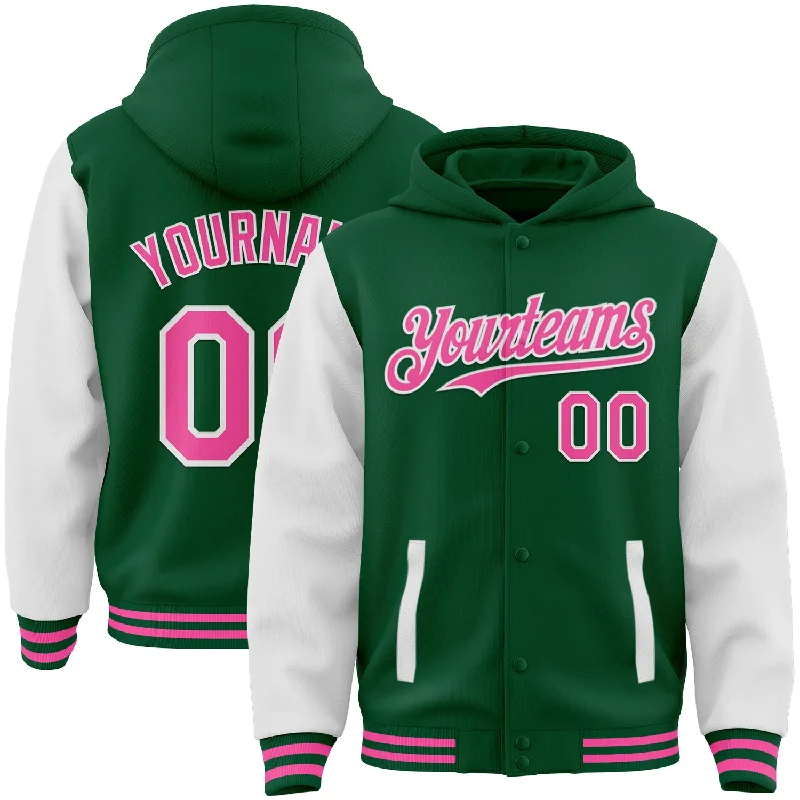 Vintage-Inspired Hoodie for Retro Looks-Custom Kelly Green Pink-White Bomber Full-Snap Varsity Letterman Two Tone Hoodie Jacket