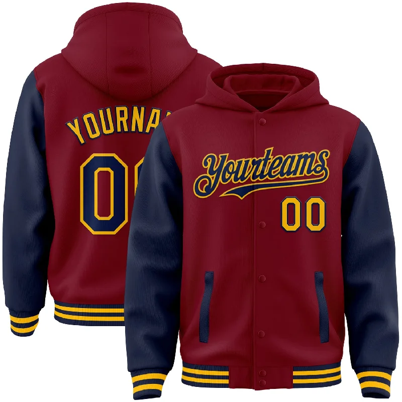 Stylish Hoodie with Pockets for Everyday Wear-Custom Crimson Navy-Gold Bomber Full-Snap Varsity Letterman Two Tone Hoodie Jacket