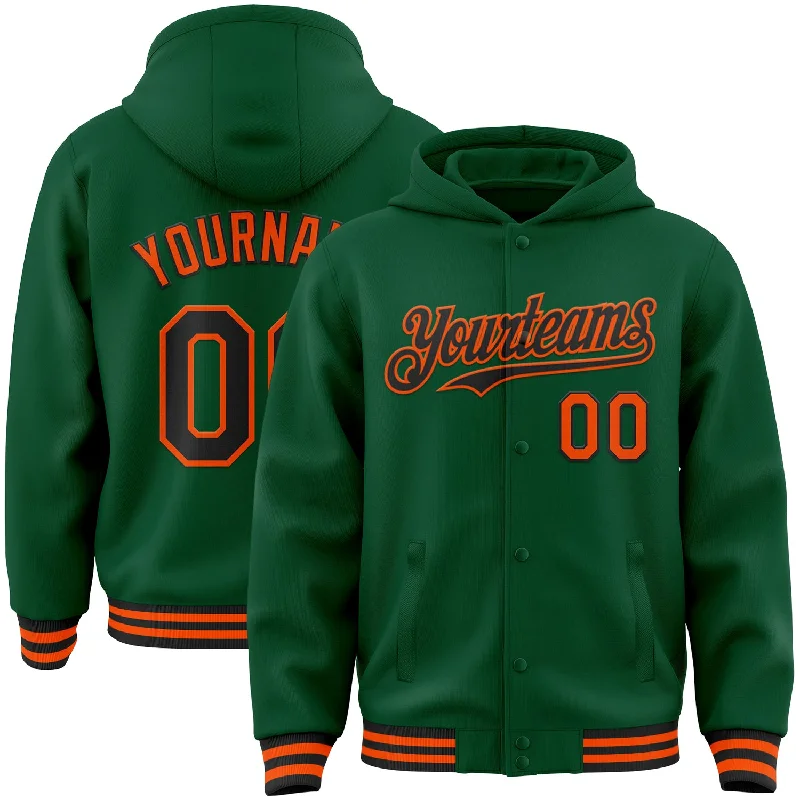 Comfortable Hoodie for Outdoor Sports-Custom Kelly Green Black-Orange Bomber Full-Snap Varsity Letterman Hoodie Jacket