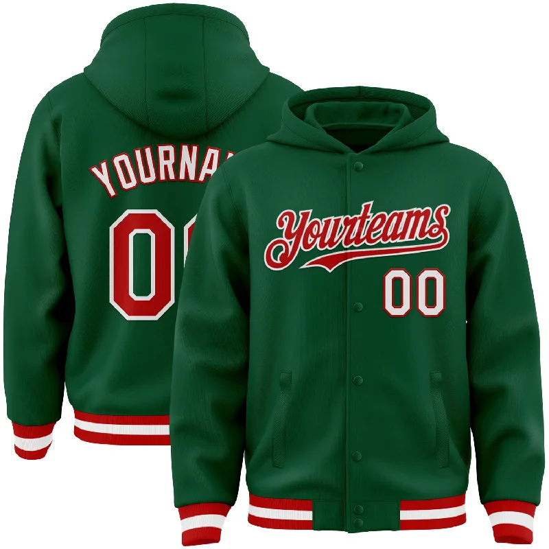 Comfortable Cotton Hoodie for Year-Round Wear-Custom Kelly Green Red-White Bomber Full-Snap Varsity Letterman Hoodie Jacket