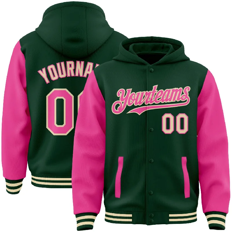 Long Sleeve Hoodie for Extra Coverage-Custom Green Pink-Cream Bomber Full-Snap Varsity Letterman Two Tone Hoodie Jacket