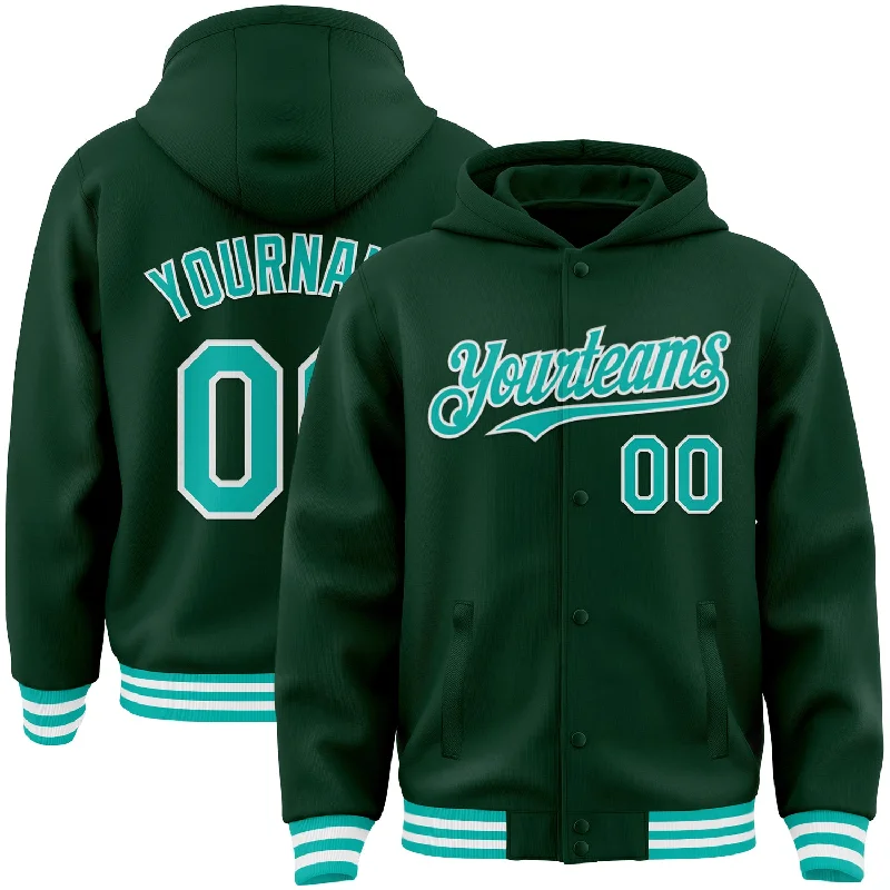 Soft Velour Hoodie for Luxurious Comfort-Custom Green Aqua-White Bomber Full-Snap Varsity Letterman Hoodie Jacket