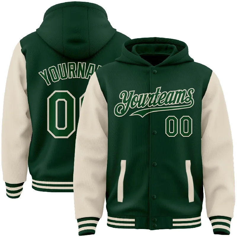 Soft Hoodie for Home Comfort-Custom Green Cream Bomber Full-Snap Varsity Letterman Two Tone Hoodie Jacket