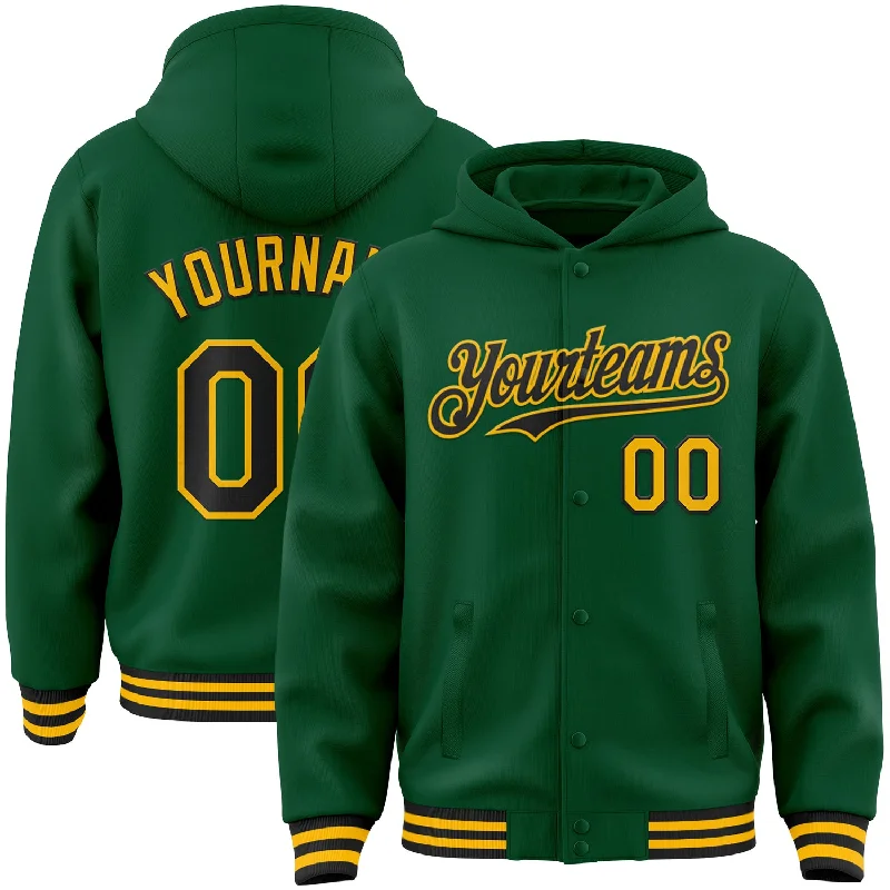 Customizable Hoodie for Personalized Looks-Custom Kelly Green Black-Gold Bomber Full-Snap Varsity Letterman Hoodie Jacket