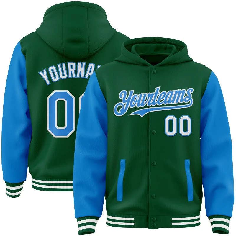 Soft Hoodie for Home Comfort-Custom Kelly Green Powder Blue-White Bomber Full-Snap Varsity Letterman Two Tone Hoodie Jacket