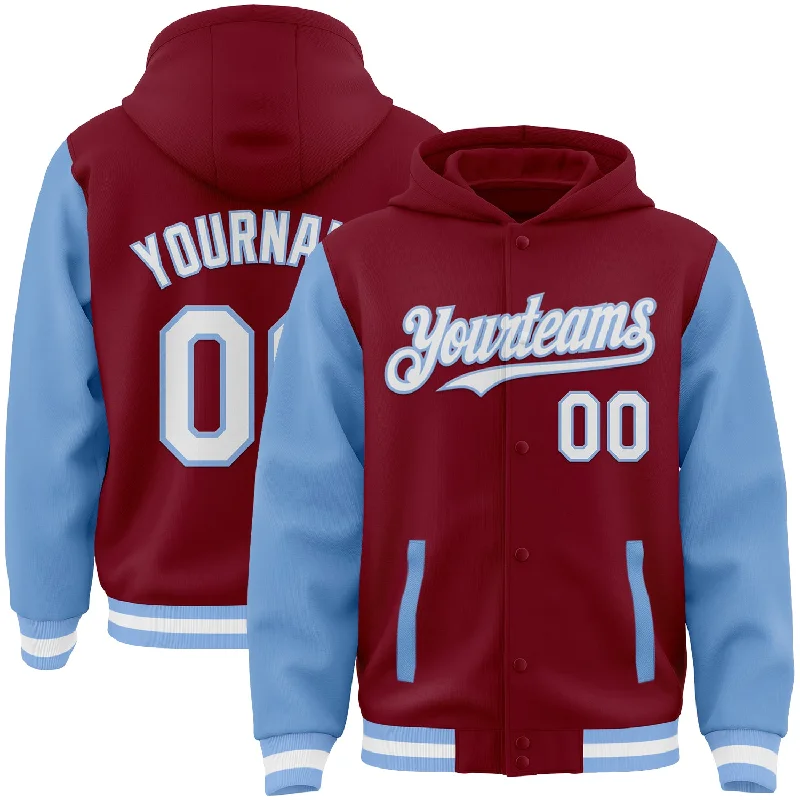 Comfortable Hoodie for Layering-Custom Crimson White-Light Blue Bomber Full-Snap Varsity Letterman Two Tone Hoodie Jacket