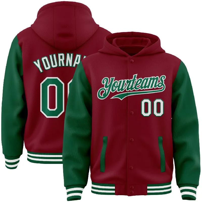 Minimalist Hoodie for Simple Chic-Custom Crimson Kelly Green-White Bomber Full-Snap Varsity Letterman Two Tone Hoodie Jacket